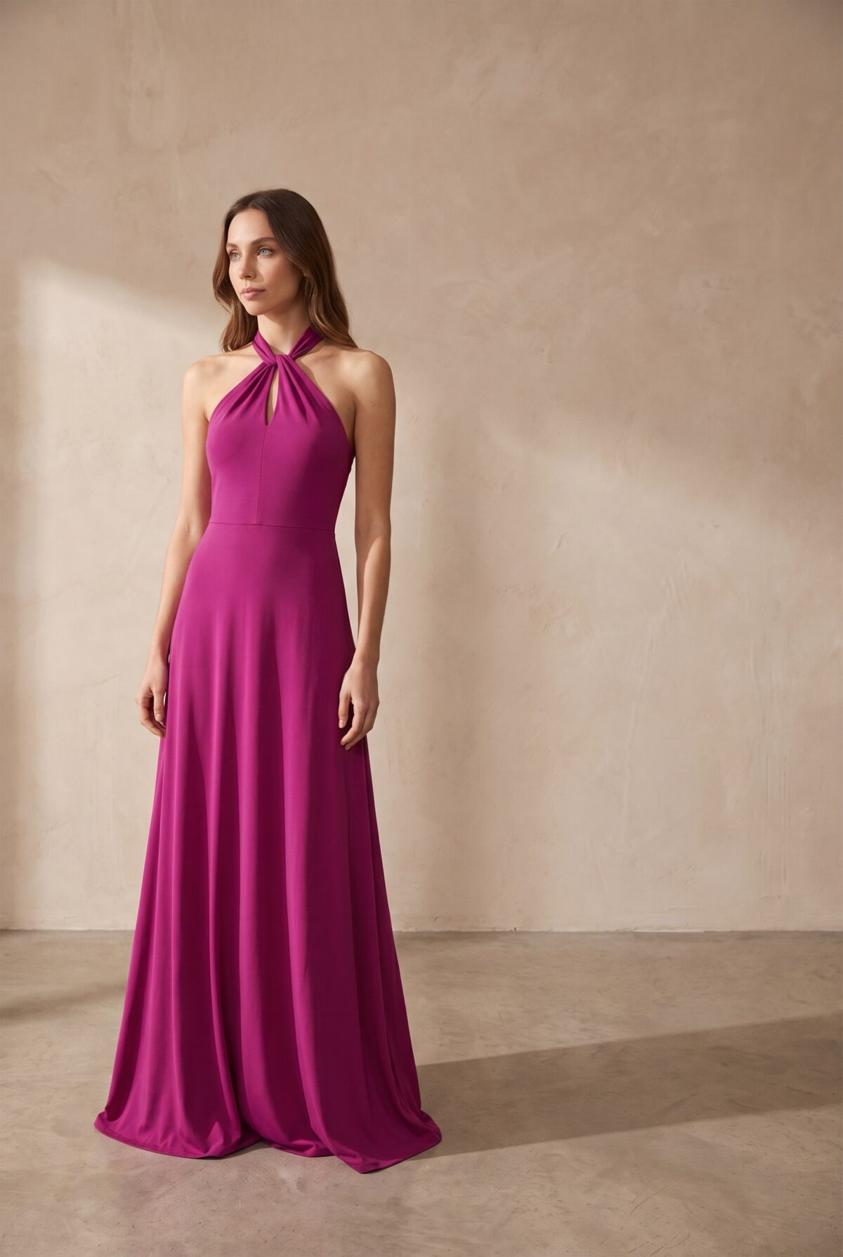 Vestido Largo Oporto Magenta Lycra Halter Amarra — María Paskaró