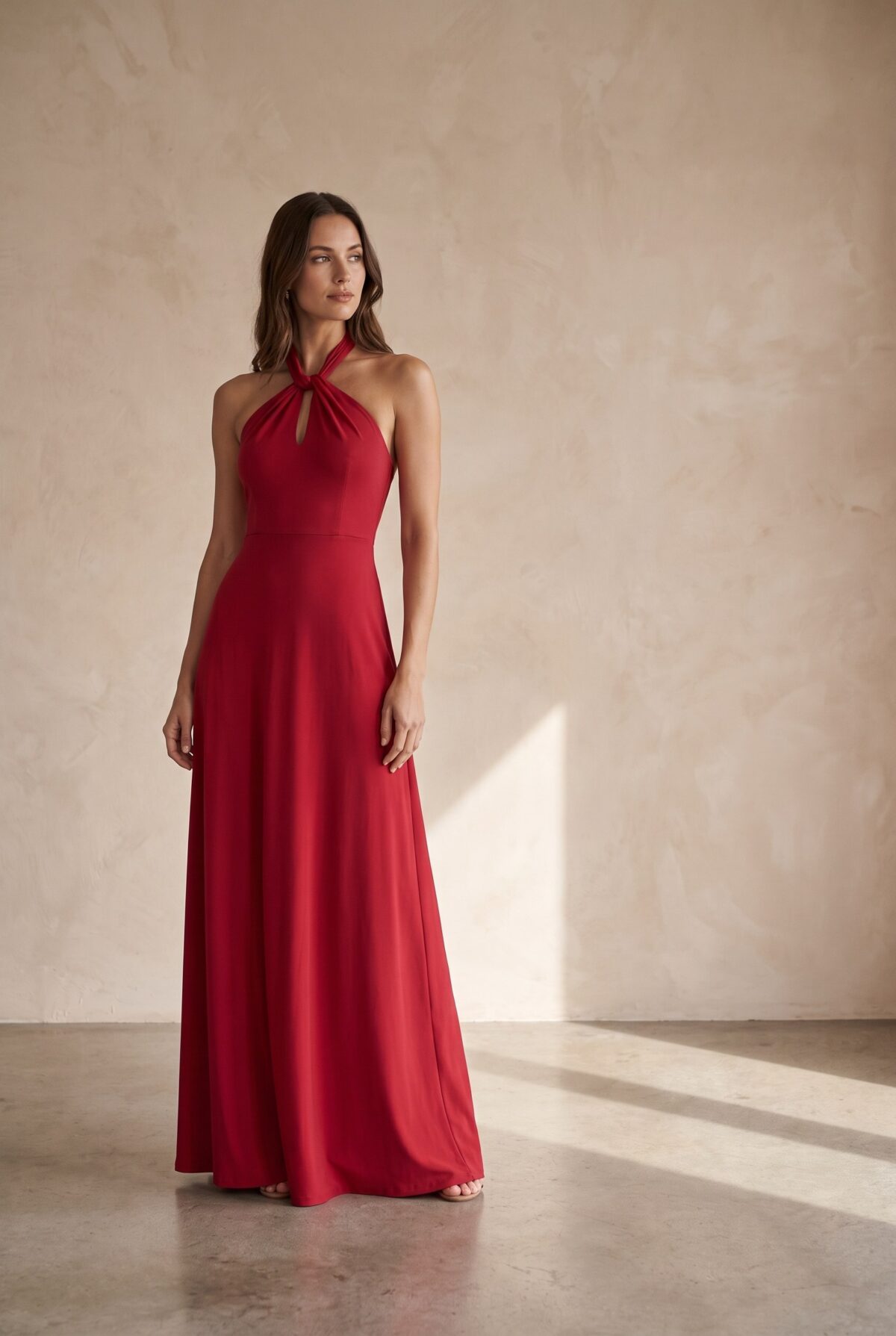 Vestido Largo Oporto Rojo Furioso Lycra Halter Amarra — María Paskaró