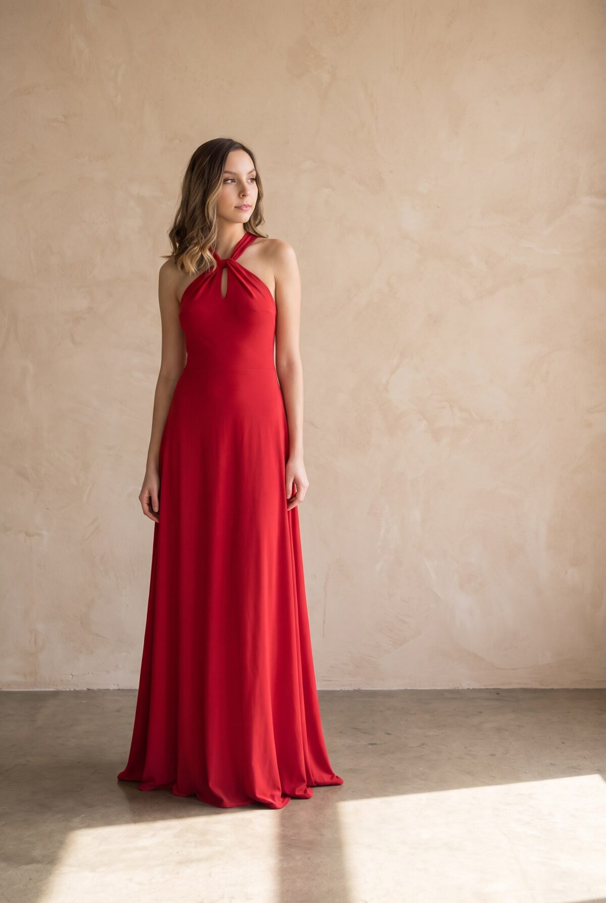 Vestido Largo Oporto Rojo Italiano Lycra Halter Amarra — María Paskaró