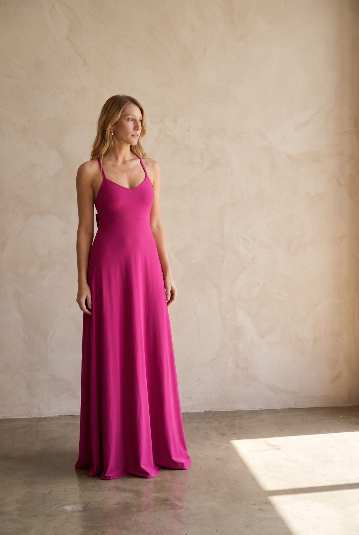 Vestido Largo Paris Fucsia Lycra Lazo — María Paskaró