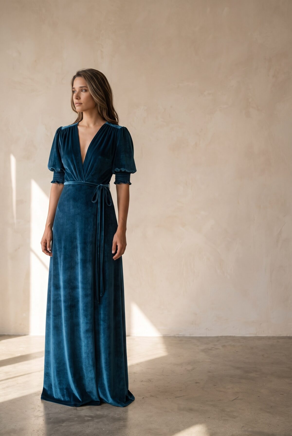Vestido Largo Sevilla Petroleo Terciopelo Manga Globo — María Paskaró