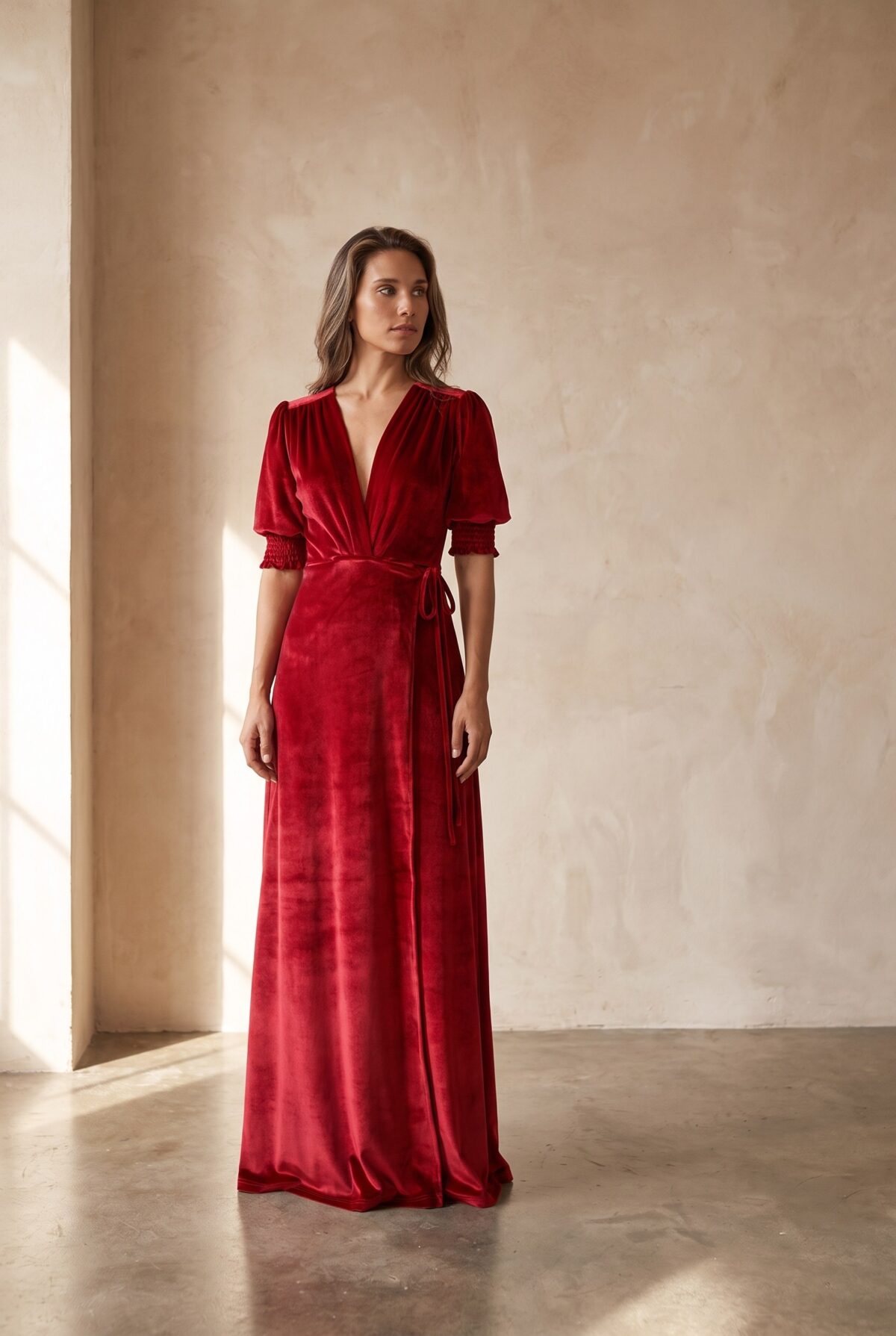 Vestido Largo Sevilla Rojo Terciopelo Manga Corta Globo — María Paskaró