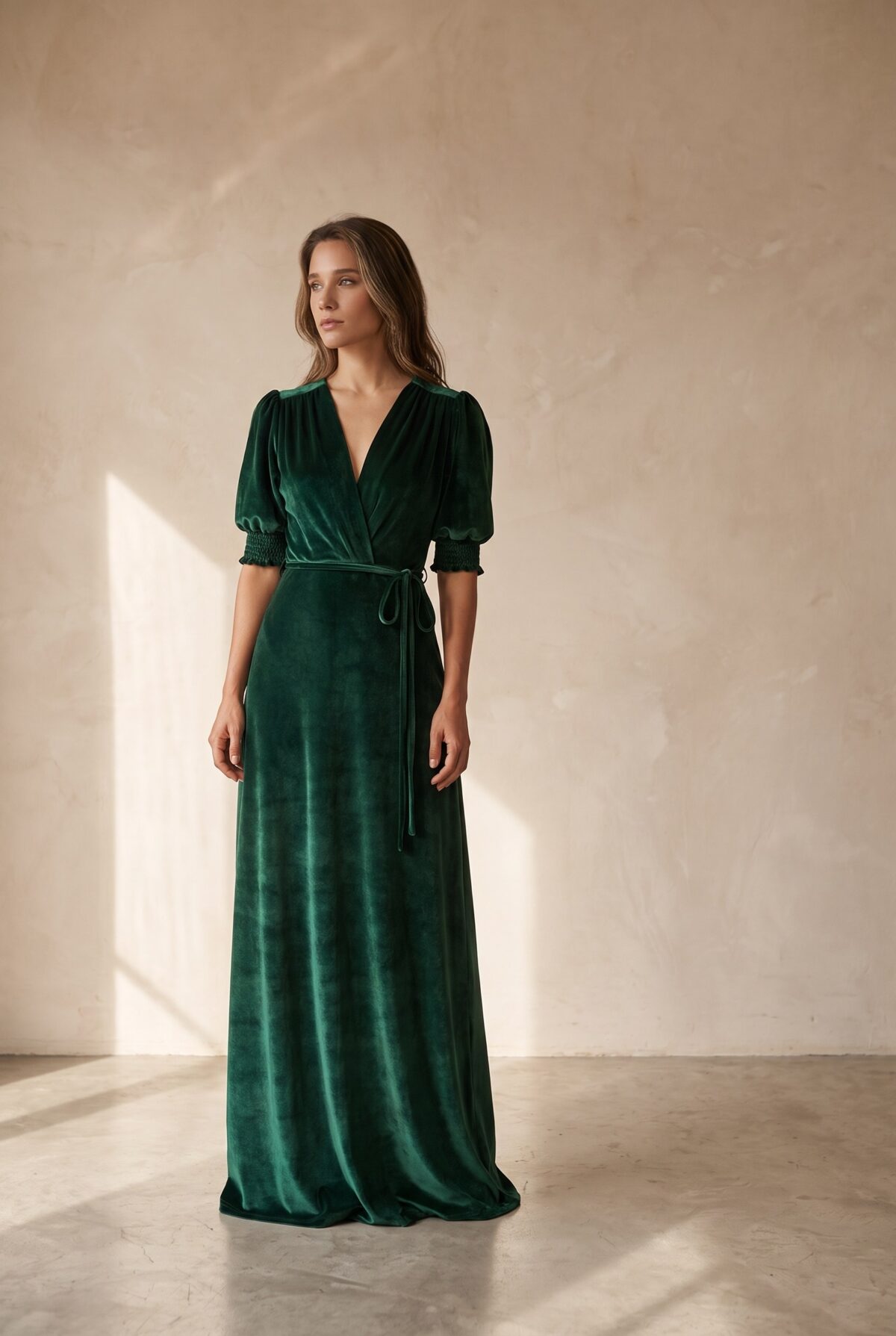 Vestido Largo Sevilla Verde Botella Terciopelo Mangas — María Paskaró