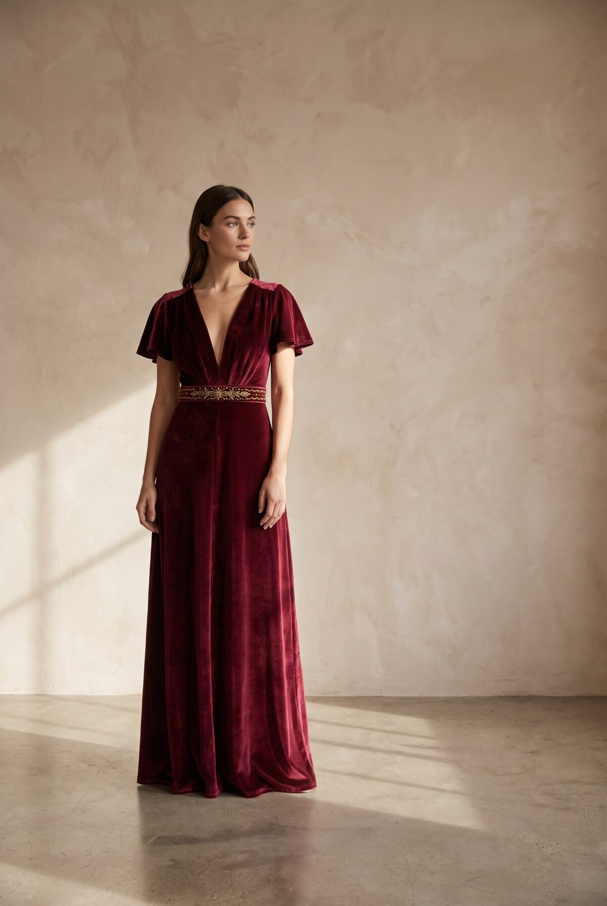 Vestido Largo York Burdeo Terciopelo Mangas — María Paskaró