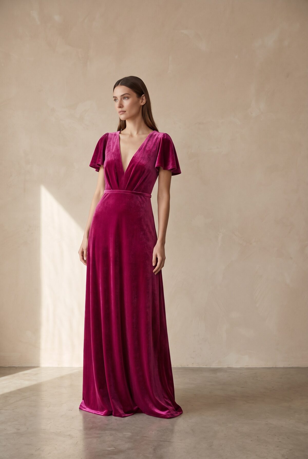 Vestido Largo York Fucsia Terciopelo Mangas — María Paskaró