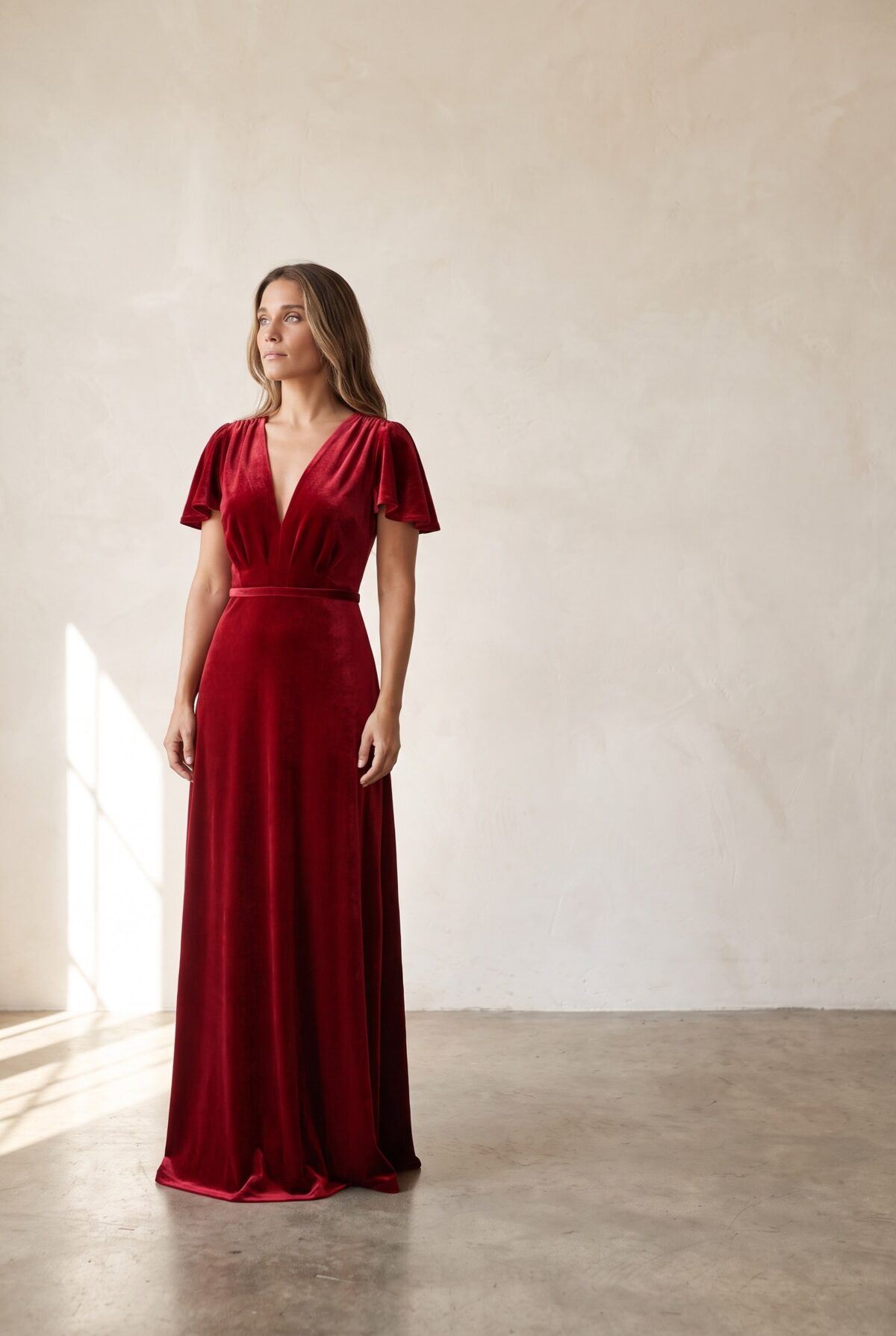 Vestido Largo York Rojo Terciopelo Mangas — María Paskaró