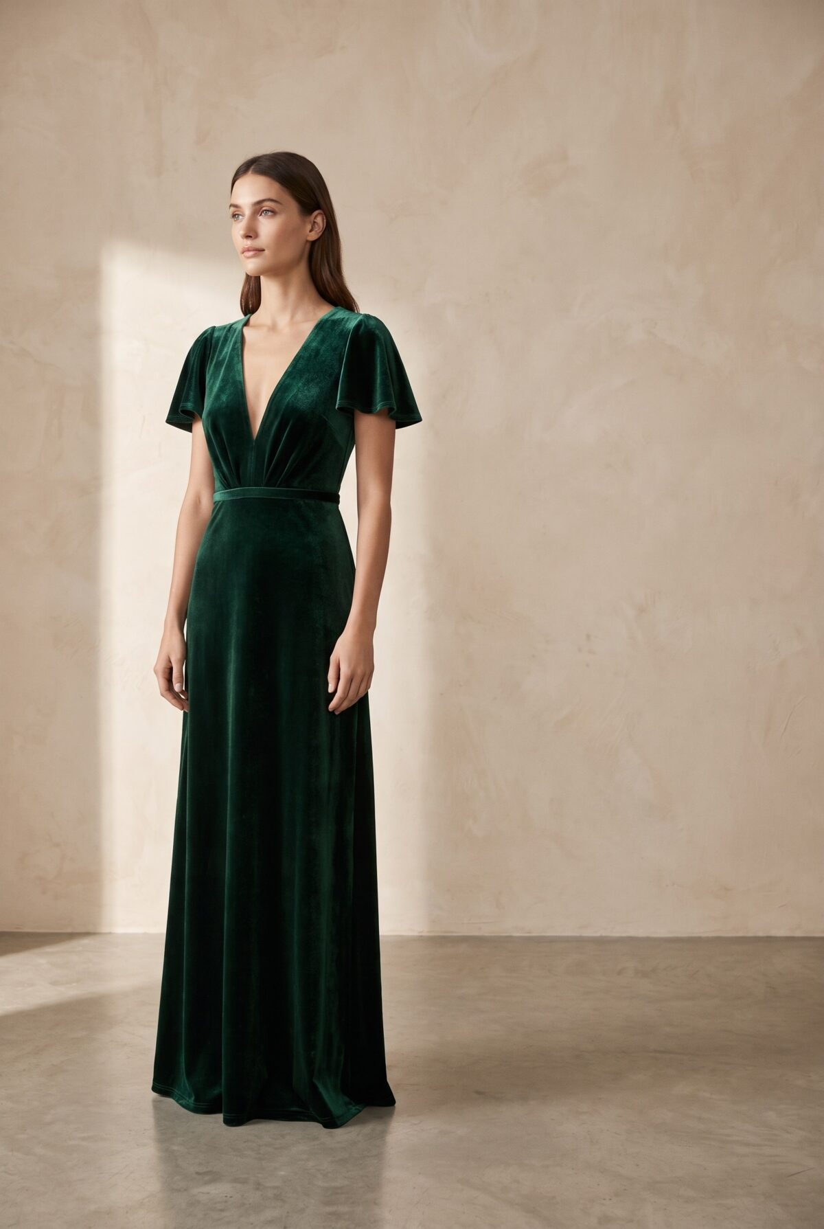Vestido Largo York Verde Terciopelo Mangas — María Paskaró